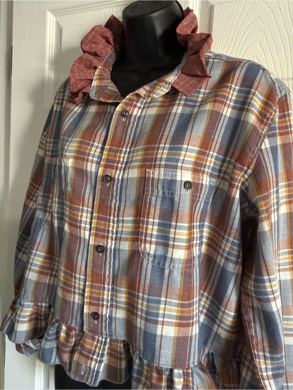 Upcycled Plaid Button-Front Men's Shirt Jacket in Rust Blue for Women